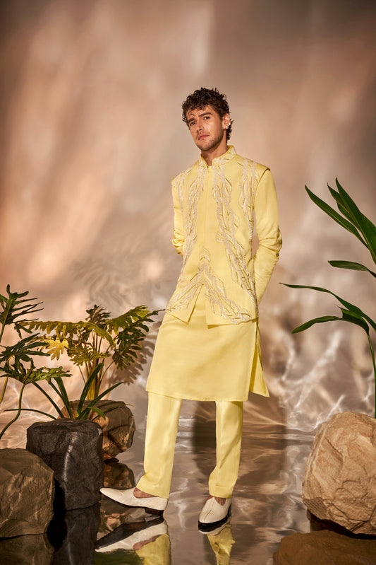 Lime Yellow Embroidered Bundi Set