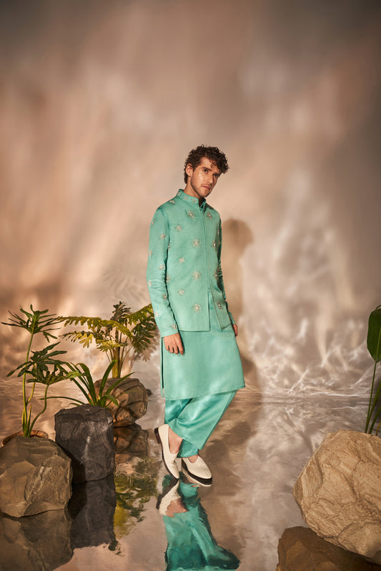 Turquoise Embroidered Bundi Set