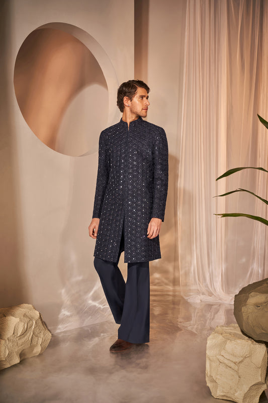 Navy Blue Embroidered Sherwani Set