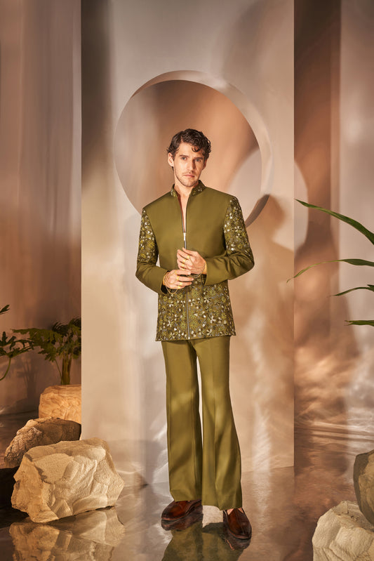 Olive Green Embroidered Bandgala Suit