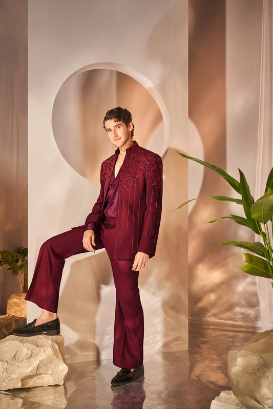 Maroon Embroidered Open Bandgala Suit