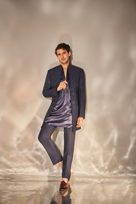 Navy Blue Embroidered Open Long Bandgala Suit