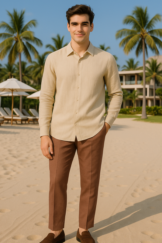 BEIGE LINEN CLASSIC SHIRT & BROWN LINEN CLASSIC TROUSER