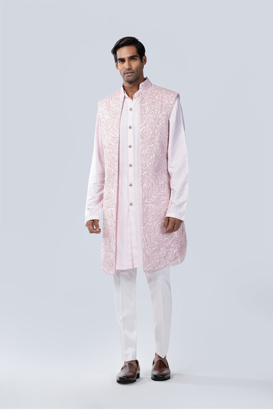 BABY PINK HAND EMBROIDERED OPEN LONG BUNDI SET - Arjuun Kilachand