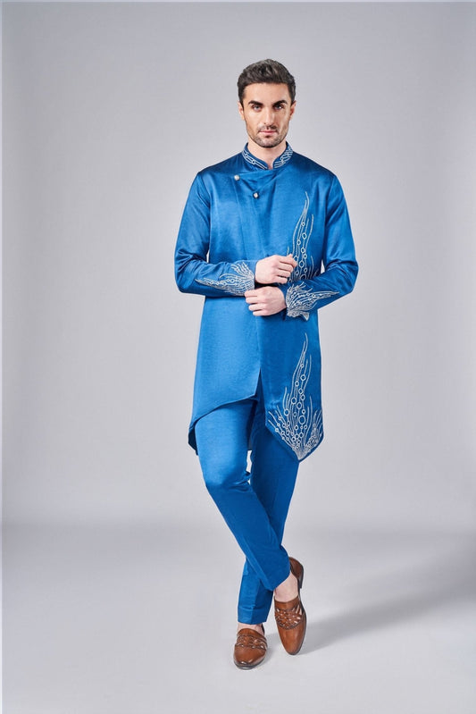 COBALT BLUE EMBROIDERED KURTA SET - Arjuun Kilachand