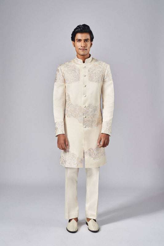 IVORY PLACEMENT HAND EMBROIDERED SHERWANI SET - Arjuun Kilachand