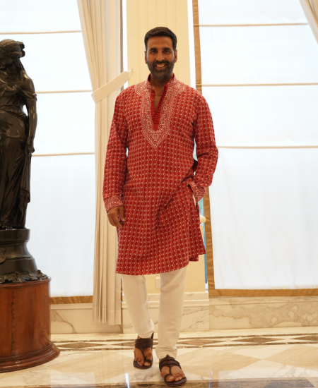 Akshay Kumar in AK Cherry Red Chikankari Hand Embroidered Kurta Set