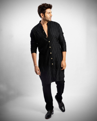 Kartik Aaryan in AK Black Embroidered Octagon Cut Kurta