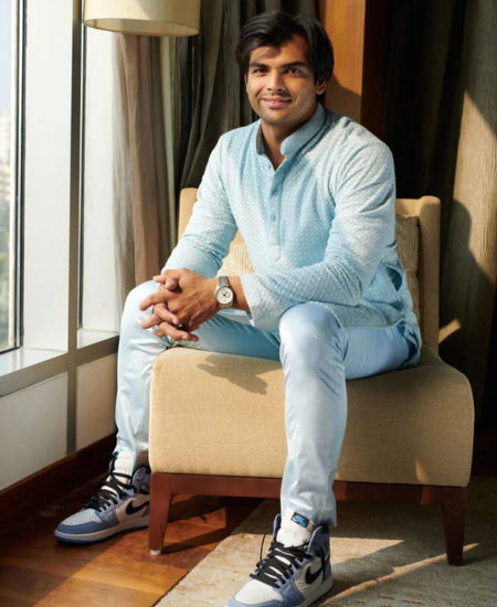 Neeraj Chopra in AK Frozen Blue Thread Embroidered Kurta