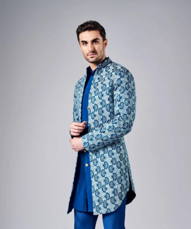 Cobalt Blue Hand Embroidered Open Sherwani 