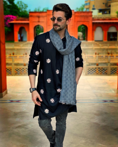 Neil Nitin Mukesh in AK Black Hand Embroidered Kurta 