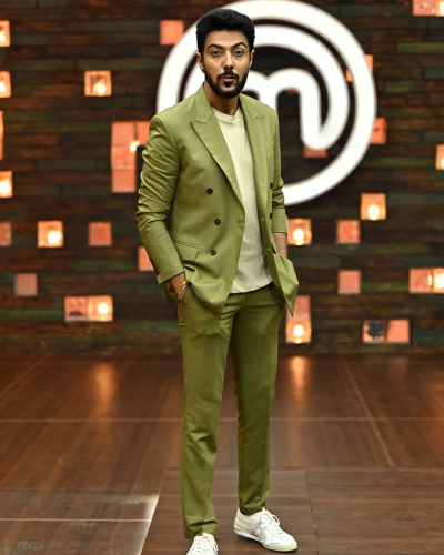 Ranveer Brar in AK  Olive Green Double Breasted Suit