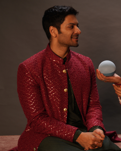 Ali Fazal in AK Bucket-cut Maroon French Knot and Sequin Embroidered Sherwani