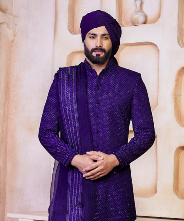 Navy Blue Bucket Cut Sherwani