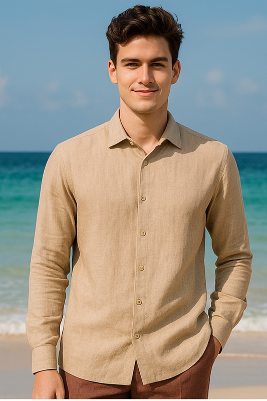 PALE BROWN LINEN CLASSIC SHIRT & BROWN  LINEN  CLASSIC TROUSER