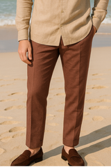 PALE BROWN LINEN CLASSIC SHIRT & BROWN  LINEN  CLASSIC TROUSER