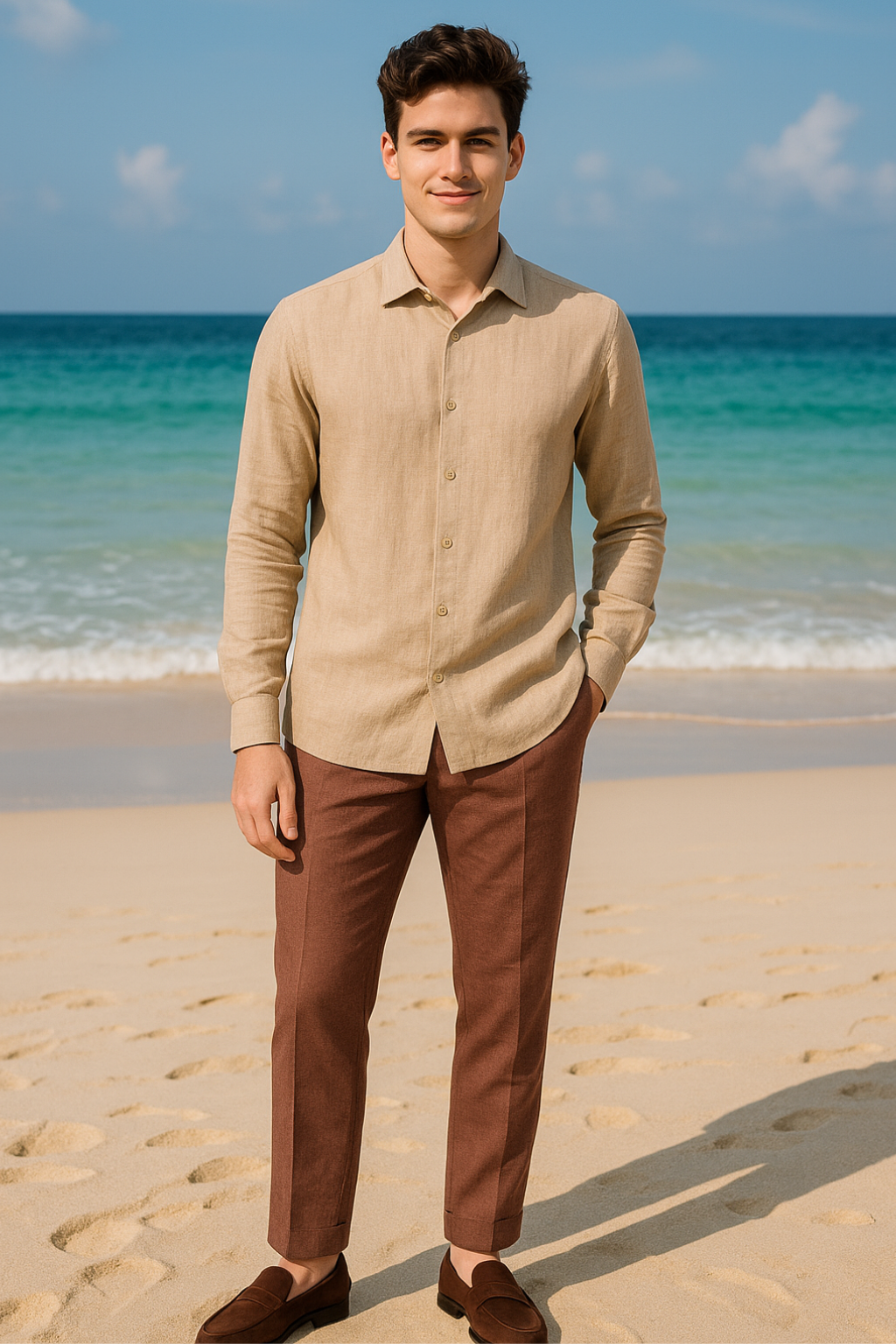 PALE BROWN LINEN CLASSIC SHIRT & BROWN  LINEN  CLASSIC TROUSER