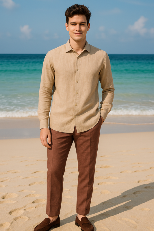 PALE BROWN LINEN CLASSIC SHIRT & BROWN  LINEN  CLASSIC TROUSER