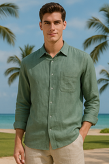 OLIVE GREEN LINEN CLASSIC SHIRT & BEIGE LINEN CLASSIC TROUSER