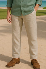 OLIVE GREEN LINEN CLASSIC SHIRT & BEIGE LINEN CLASSIC TROUSER