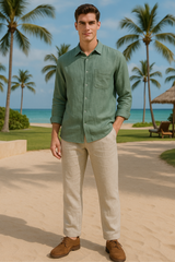 OLIVE GREEN LINEN CLASSIC SHIRT & BEIGE LINEN CLASSIC TROUSER