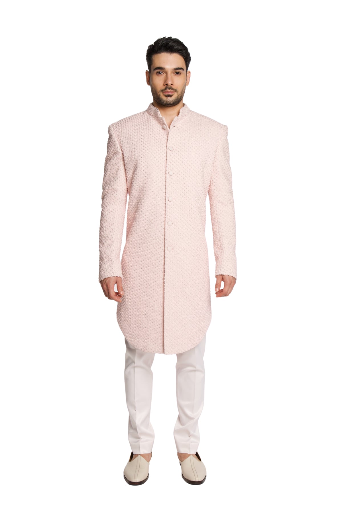 Baby Pink Embroidered Bucket Cut Sherwani Set - Arjuun Kilachand