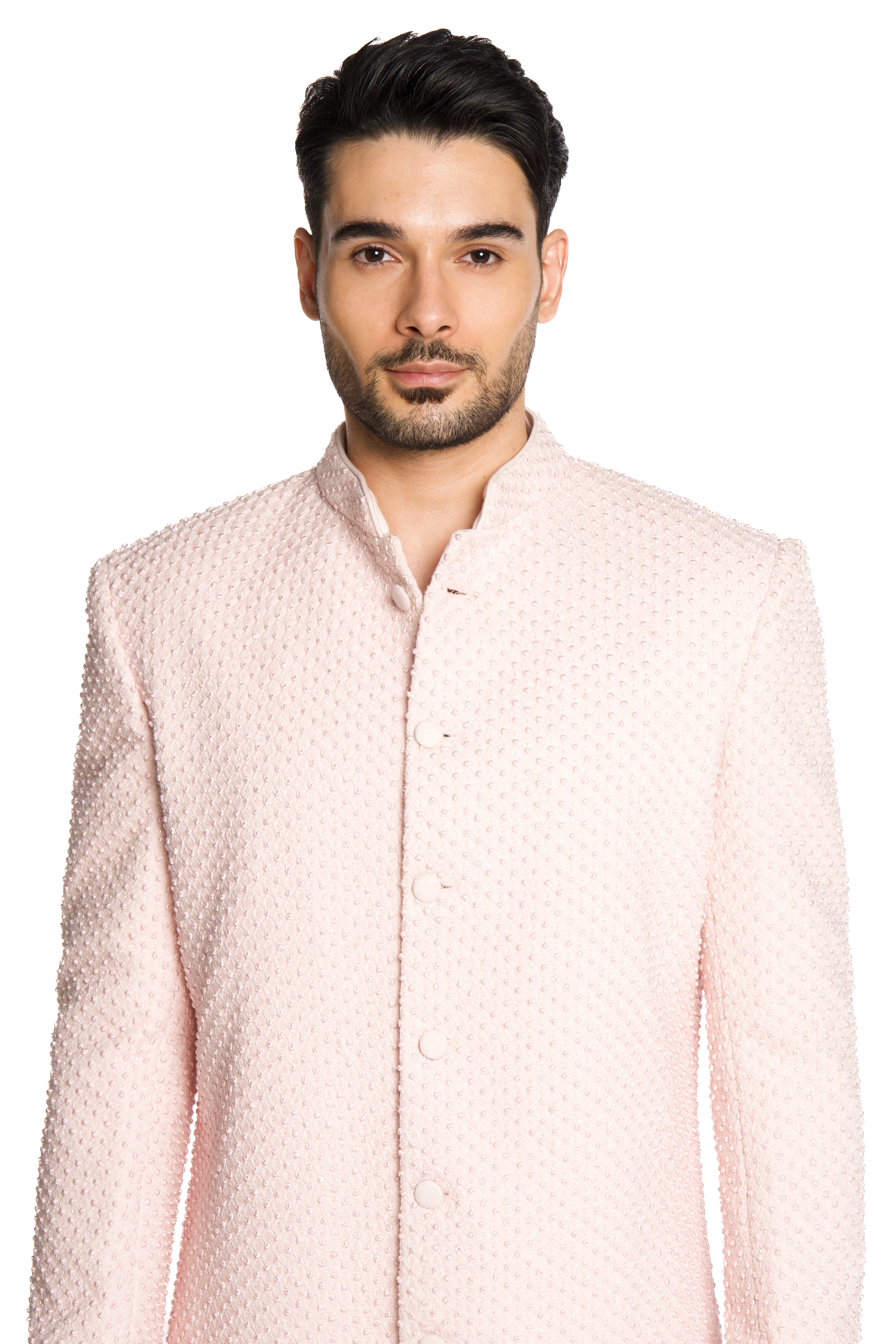 Baby Pink Embroidered Bucket Cut Sherwani Set - Arjuun Kilachand