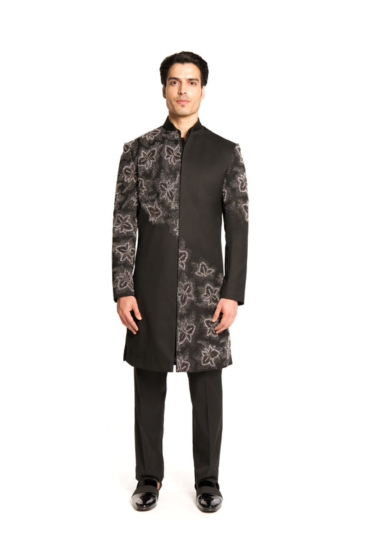 Black Bead Cut Dana Embroidered Placement Sherwani Set - Arjuun Kilachand