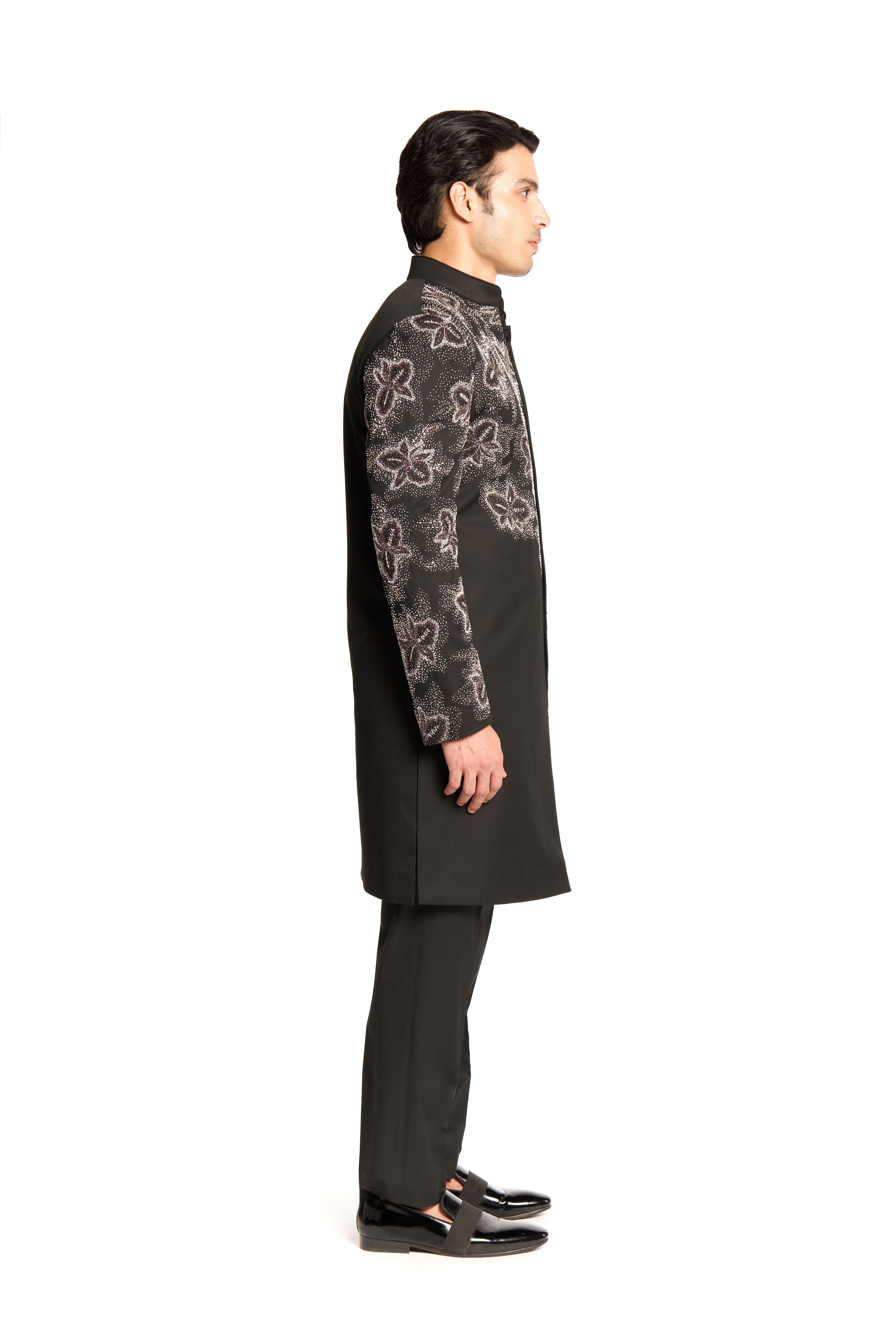 Black Bead Cut Dana Embroidered Placement Sherwani Set - Arjuun Kilachand