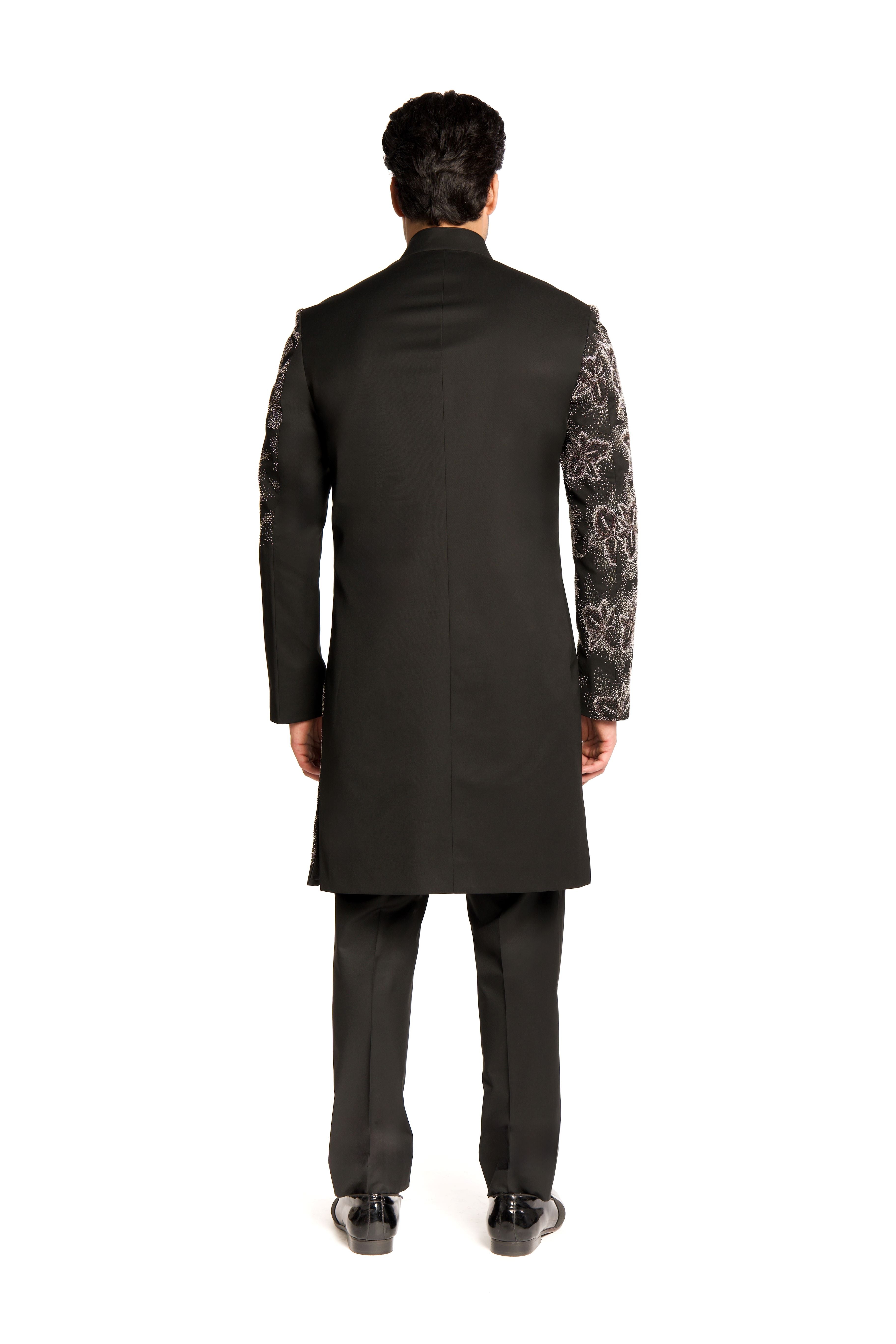 Black Bead Cut Dana Embroidered Placement Sherwani Set - Arjuun Kilachand