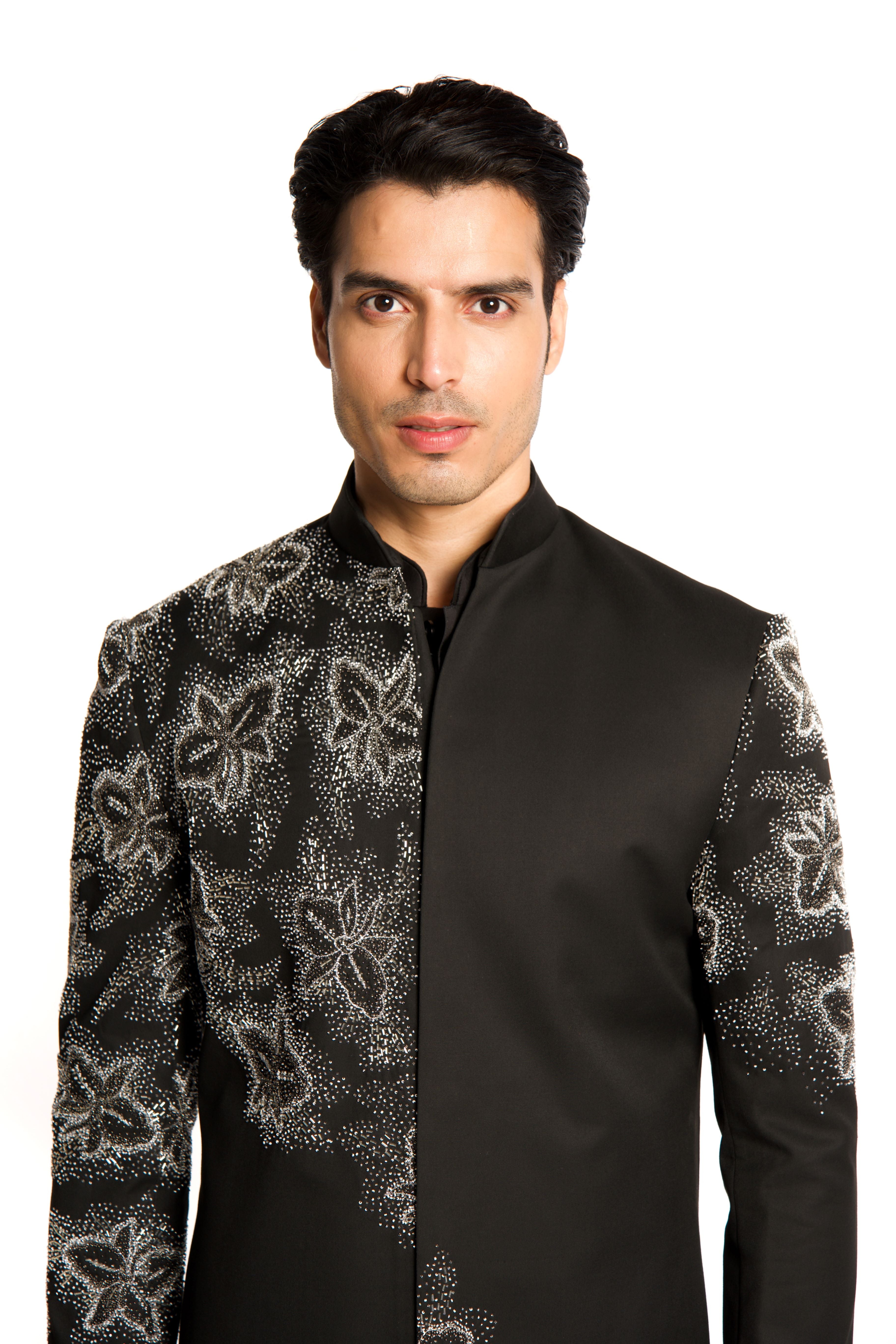 Black Bead Cut Dana Embroidered Placement Sherwani Set - Arjuun Kilachand