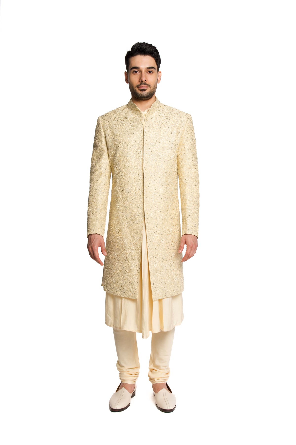 Champagne Dori Sequins Cut Dana Embroidered Sherwani Set - Arjuun Kilachand