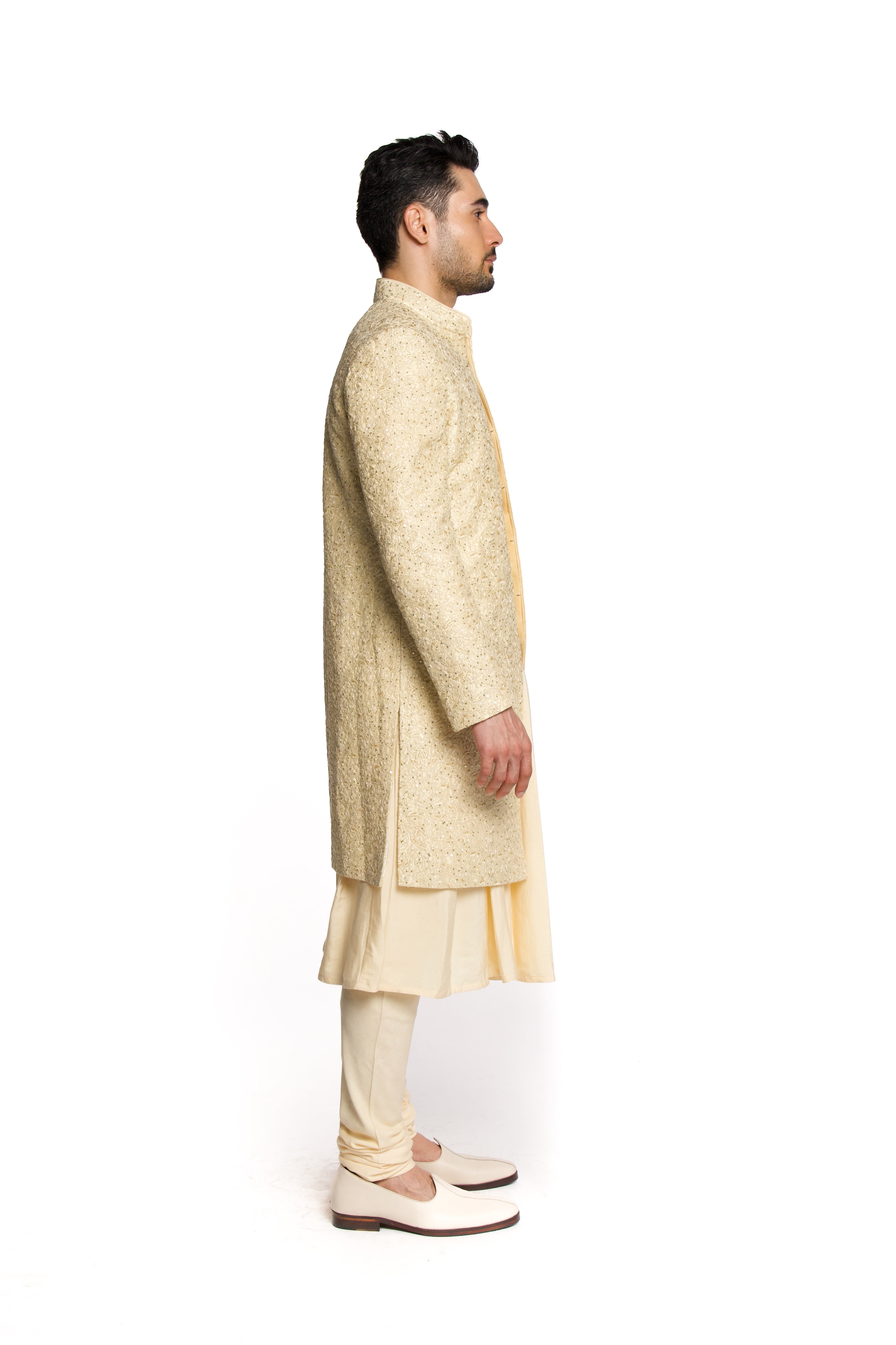 Champagne Dori Sequins Cut Dana Embroidered Sherwani Set - Arjuun Kilachand