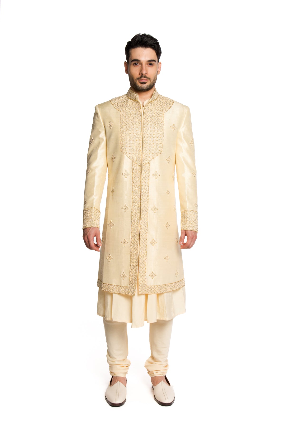 Champagne Beads All Over Motifs Sherwani Set - Arjuun Kilachand