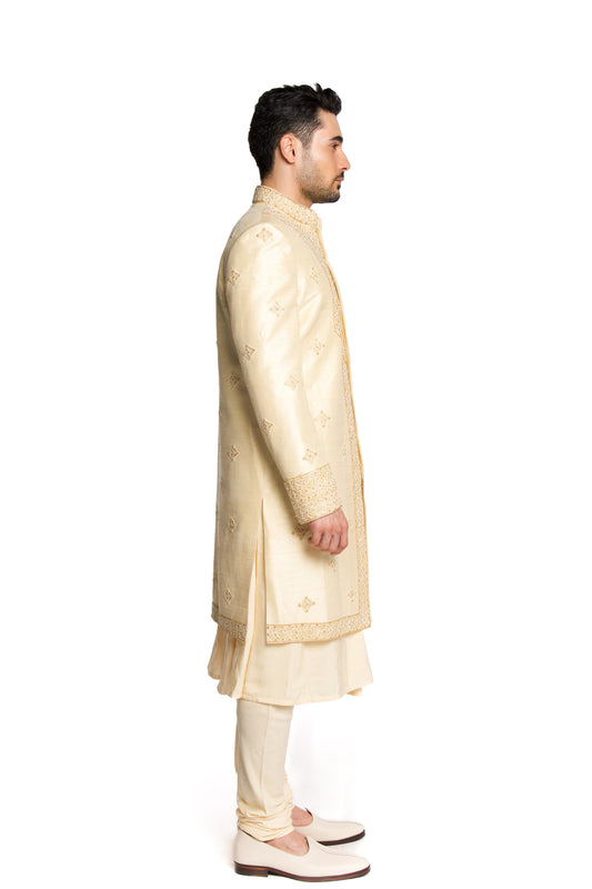 Champagne Beads All Over Motifs Sherwani Set - Arjuun Kilachand