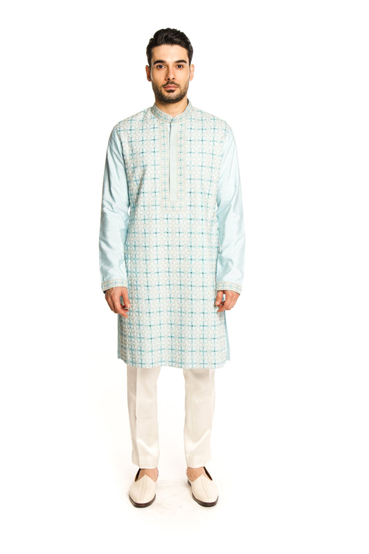 Frozen Blue Mirror Thread Work Embroidered Kurta Set - Arjuun Kilachand