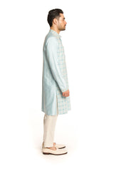 Frozen Blue Mirror Thread Work Embroidered Kurta Set - Arjuun Kilachand