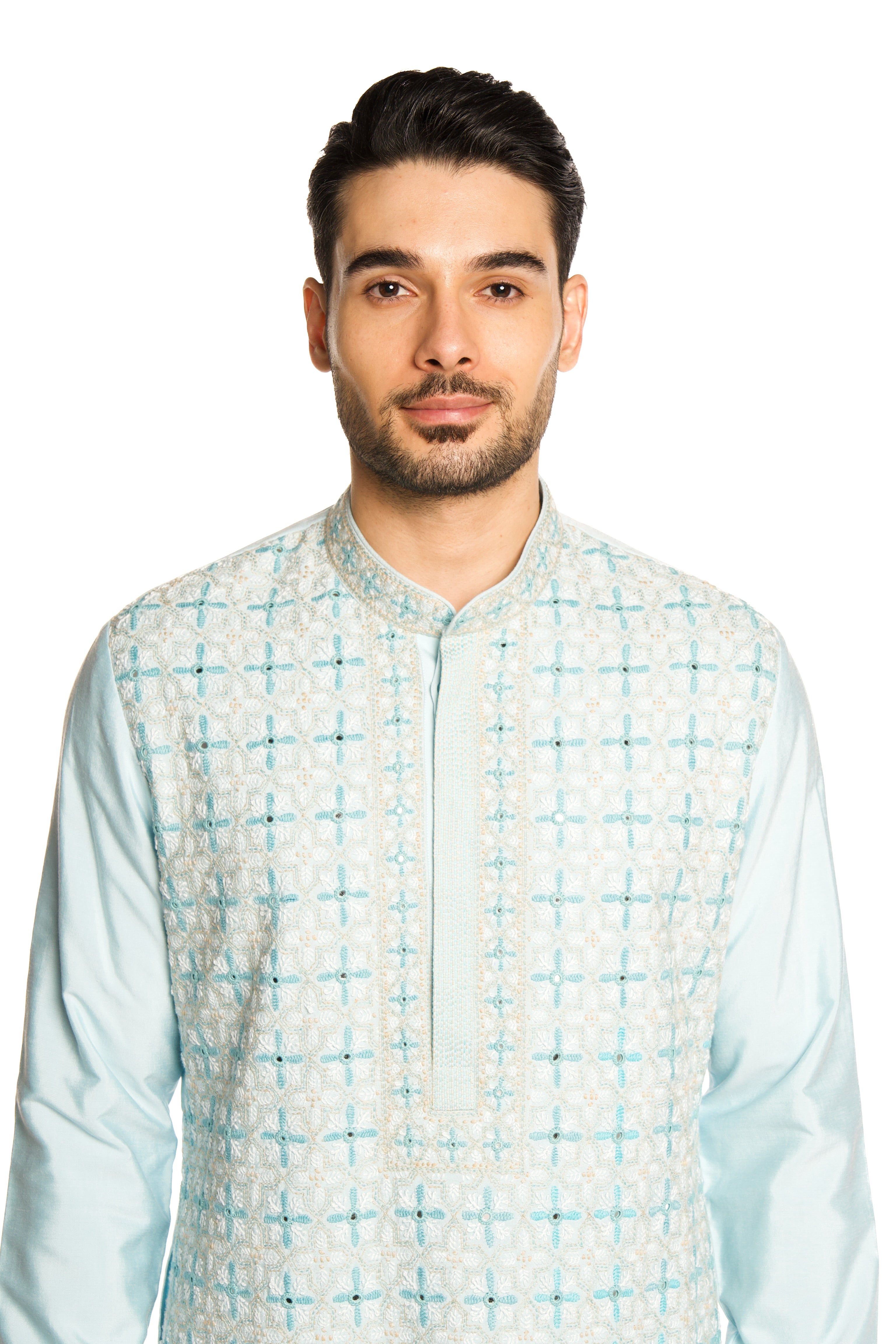 Frozen Blue Mirror Thread Work Embroidered Kurta Set - Arjuun Kilachand