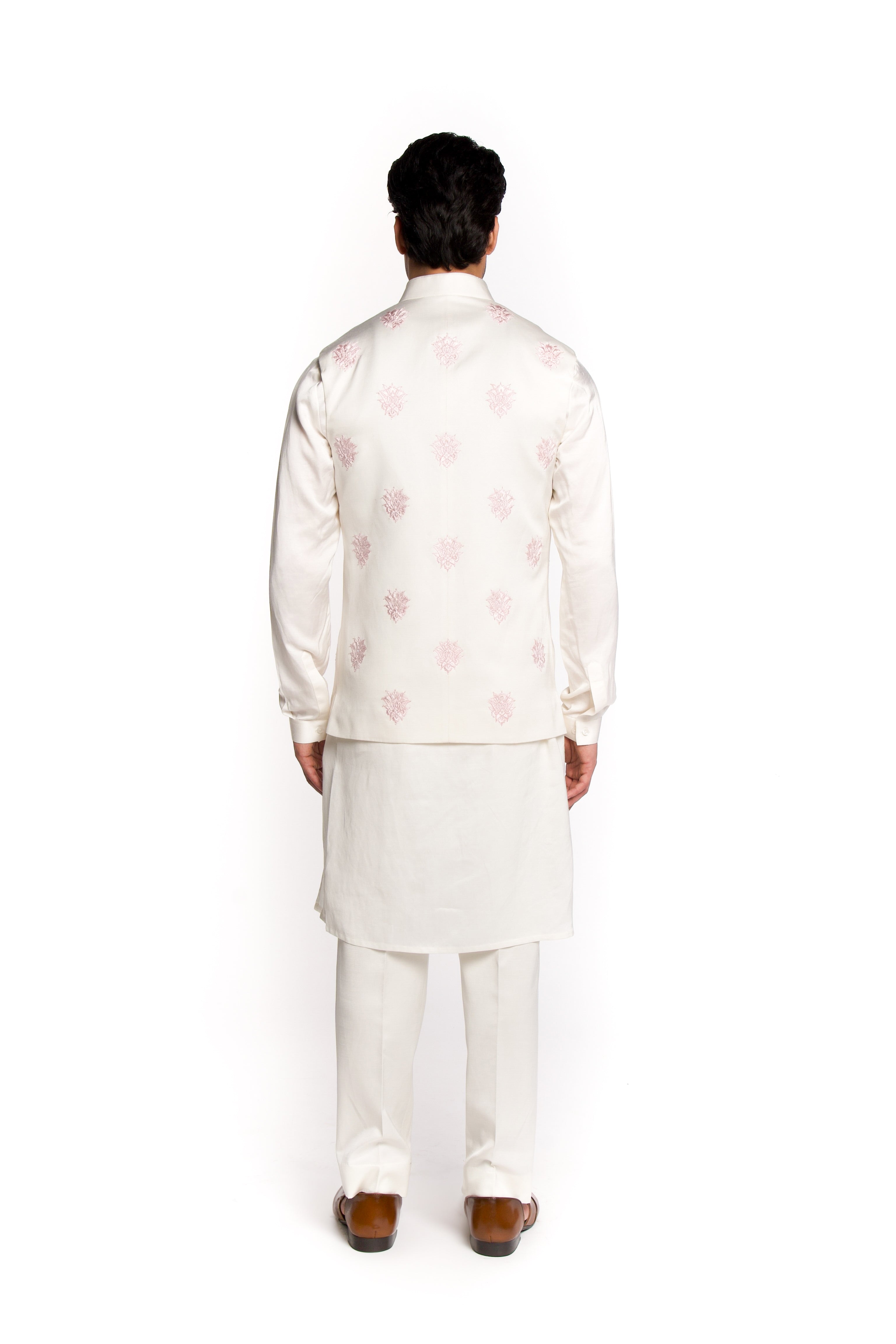 Ivory All Over Motifs Embroidered Bundi Set - Arjuun Kilachand