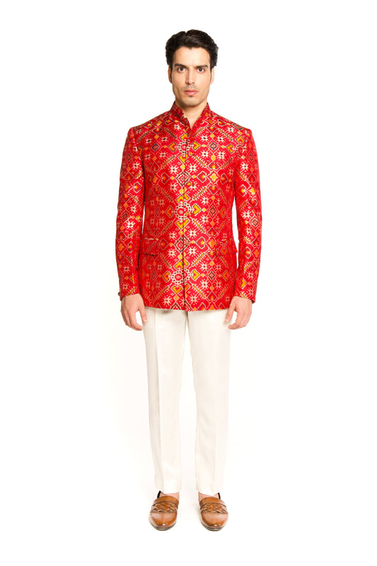 Red Patola Bandhgala Suit - Arjuun Kilachand