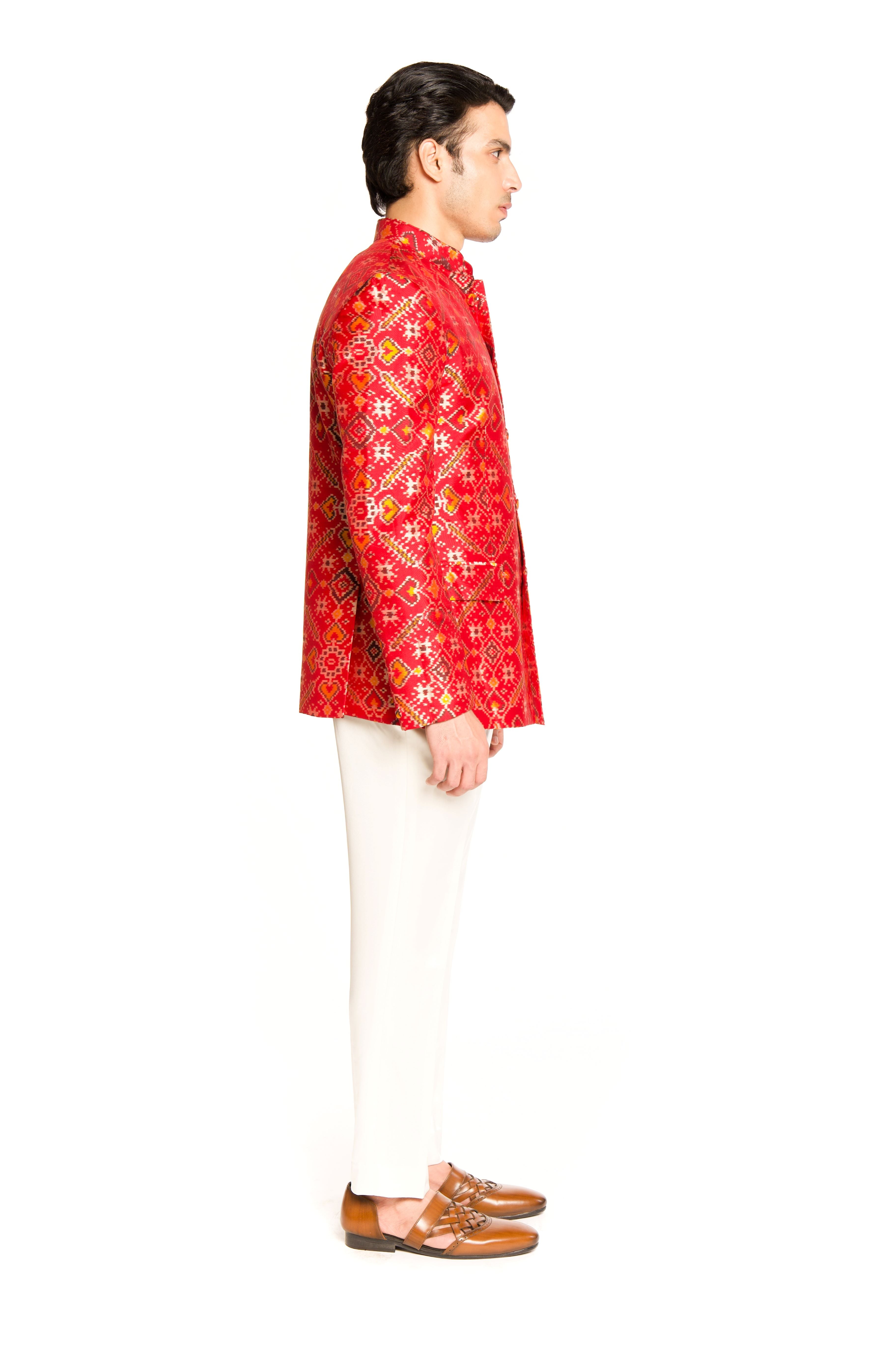 Red Patola Bandhgala Suit - Arjuun Kilachand