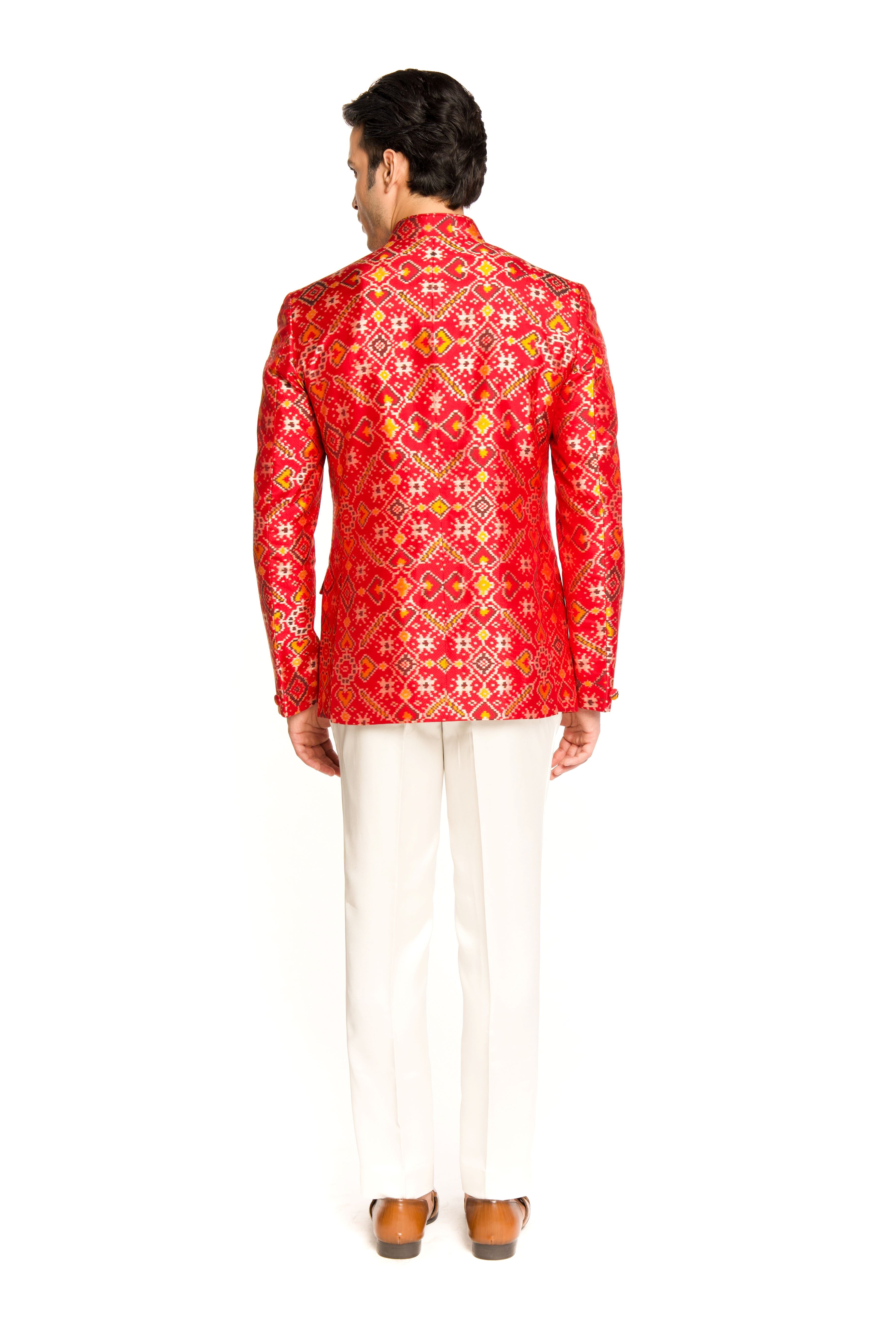 Red Patola Bandhgala Suit - Arjuun Kilachand