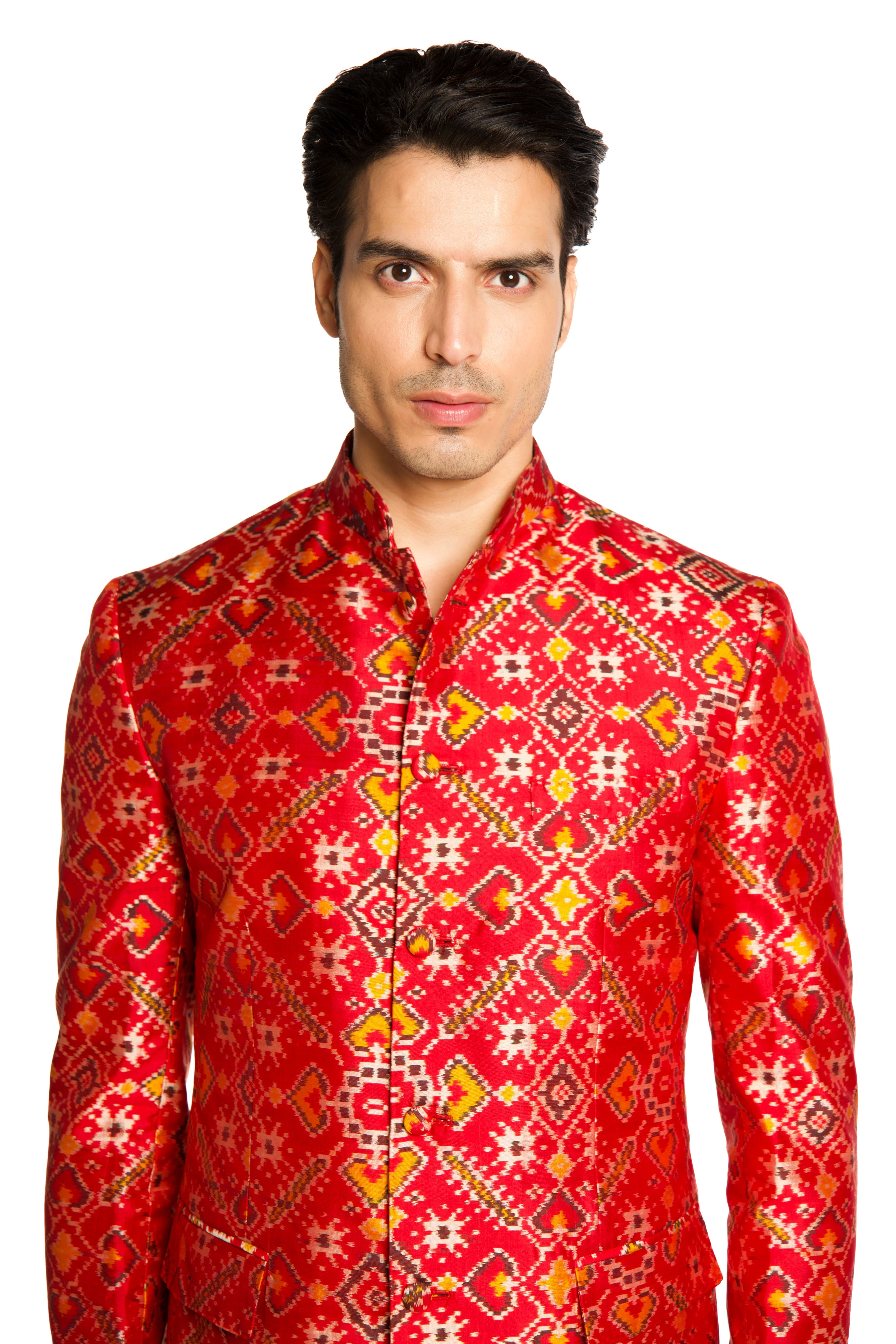 Red Patola Bandhgala Suit - Arjuun Kilachand