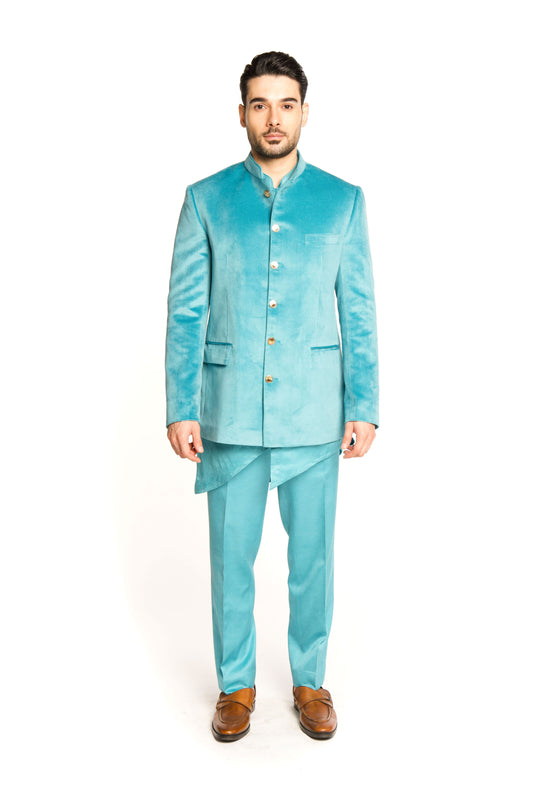 Turquoise Velvet Classic Bandhgala Suit - Arjuun Kilachand