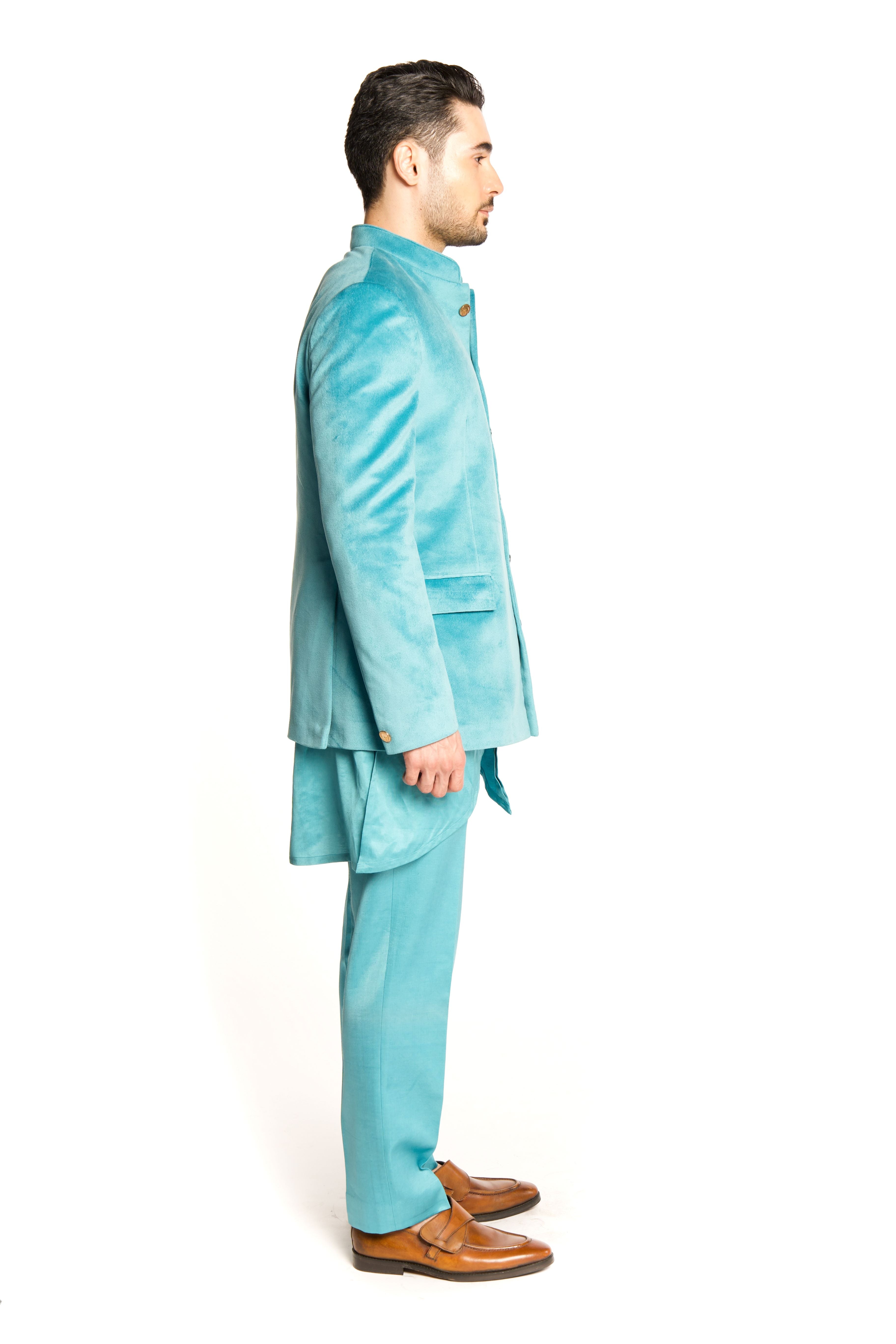 Turquoise Velvet Classic Bandhgala Suit - Arjuun Kilachand