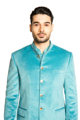 Turquoise Velvet Classic Bandhgala Suit - Arjuun Kilachand