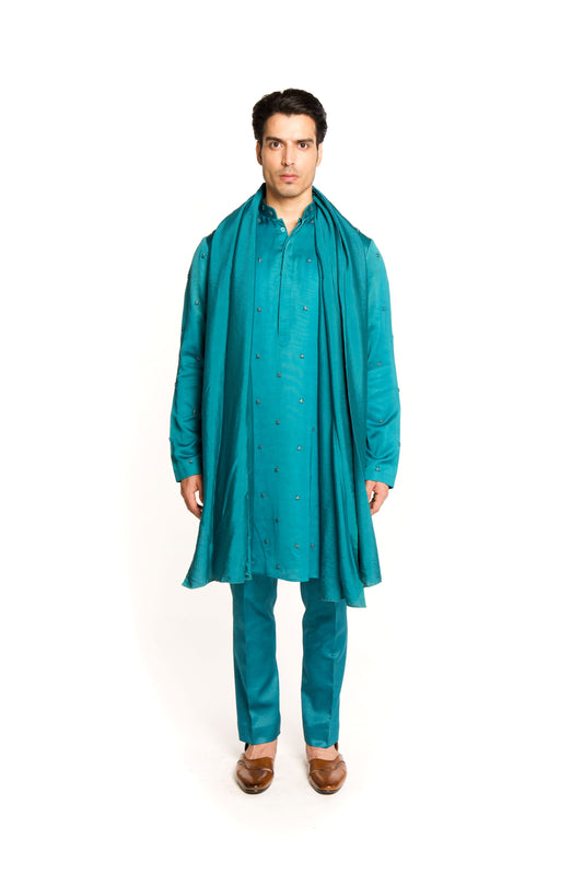 Winsor Blue Embroidered Kurta Set With Shawl - Arjuun Kilachand