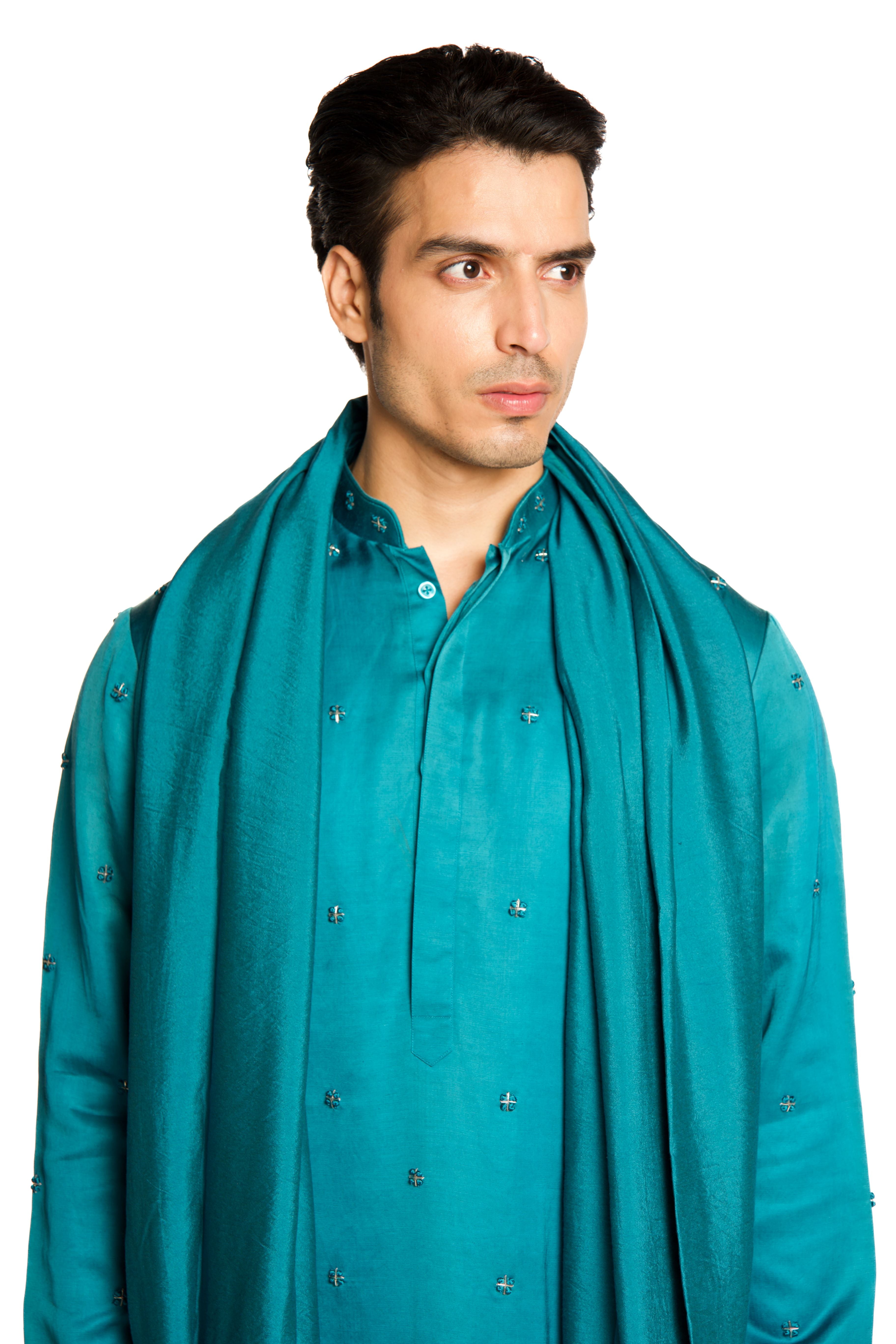 Winsor Blue Embroidered Kurta Set With Shawl - Arjuun Kilachand