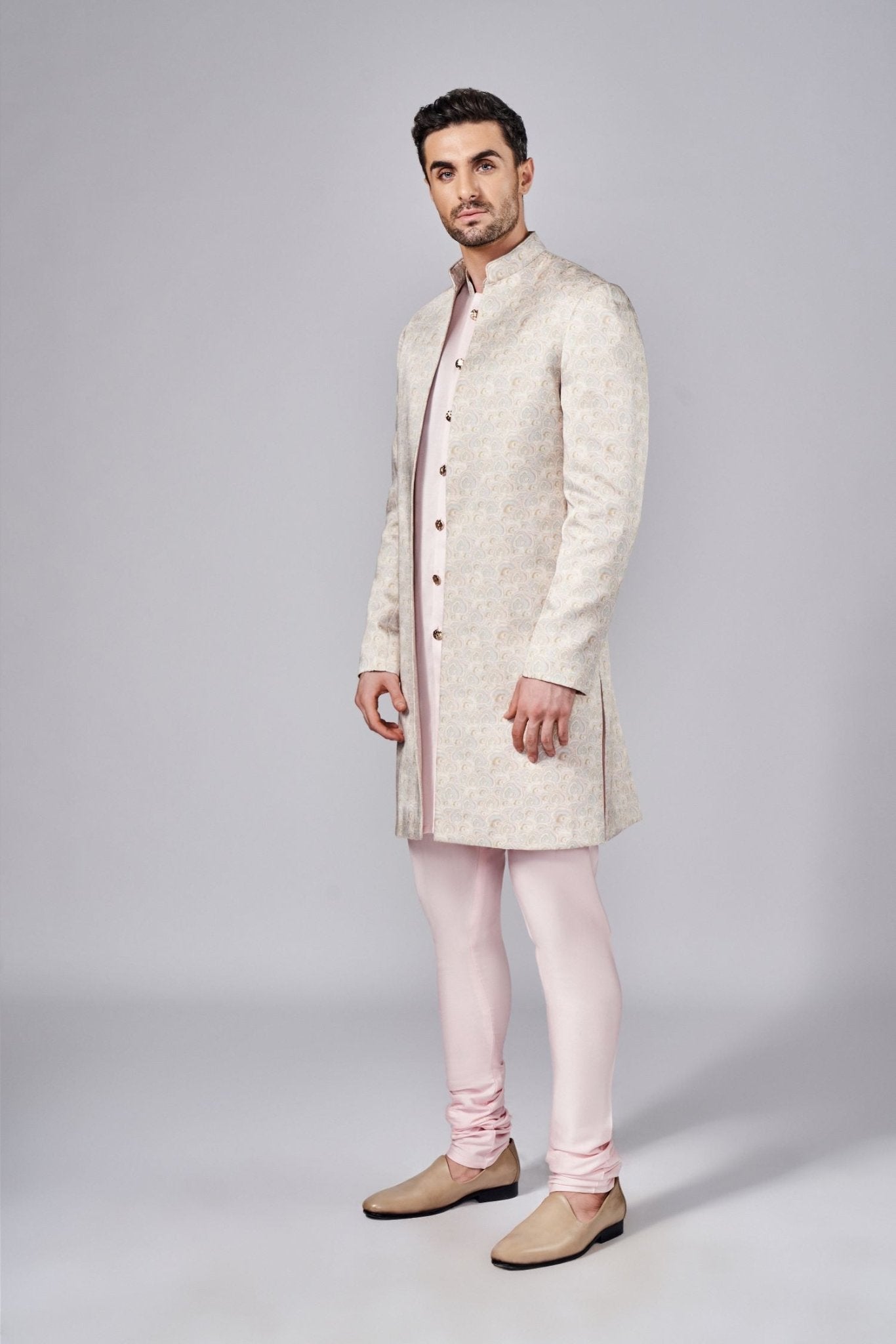 BABY PINK ALL OVER PRINTED SHERWANI SET - Arjuun Kilachand