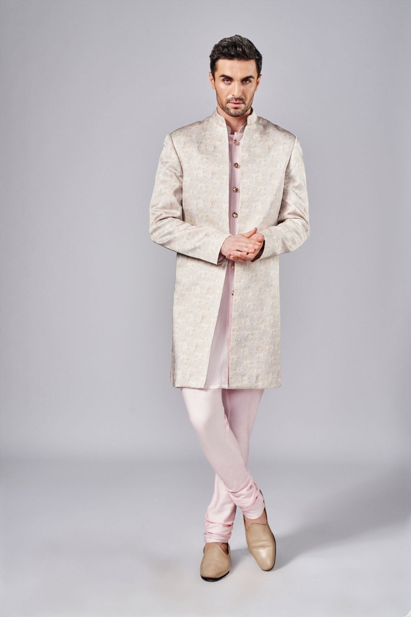 BABY PINK ALL OVER PRINTED SHERWANI SET - Arjuun Kilachand